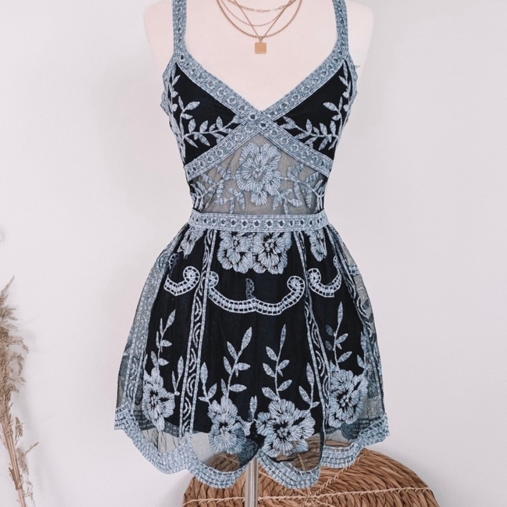Honey Belle Blue and Black Lace Sheer Panel Romper Size L